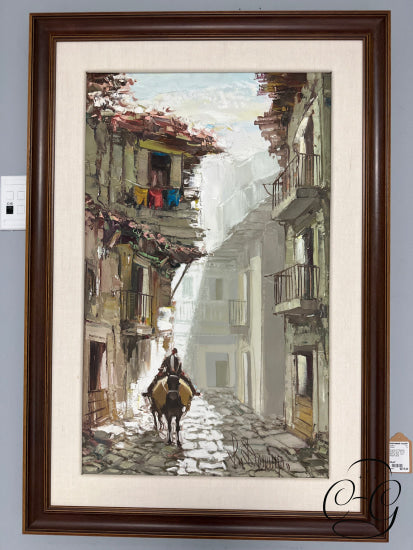 Original Art ’Spanish Street Scene’ W/Tan Matting Med. Tone Wood Frame Artwork