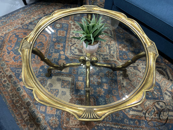 Ornate Solid Brass Round Coffee Table With Glass Top