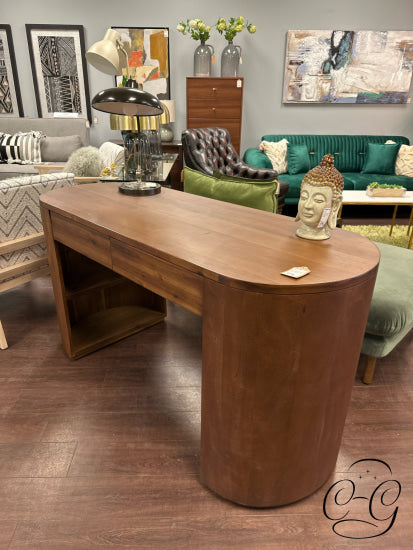 Oval Brown Desk With 2 Front Drawers Interior Open Shelving