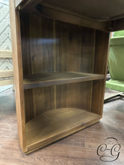 Oval Brown Desk With 2 Front Drawers Interior Open Shelving