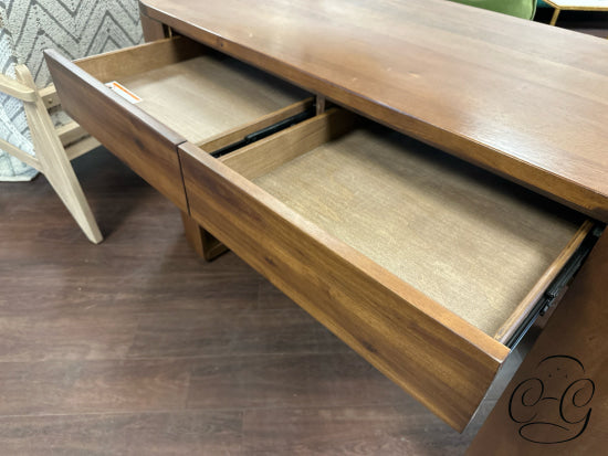 Oval Brown Desk With 2 Front Drawers Interior Open Shelving