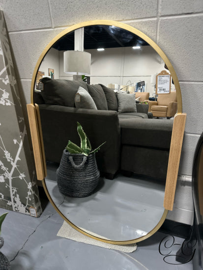 Oval Gold Finish Iron Wall Mirror W/Natural Oak Detailing