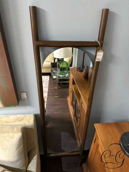 Oval Mirror With Dark Brown Wood Ladder Style Leaning Frame Floor