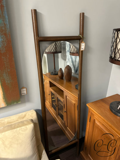 Oval Mirror With Dark Brown Wood Ladder Style Leaning Frame Floor