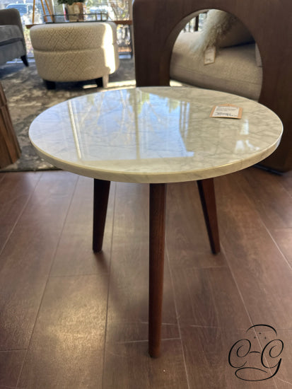 Polished White Marble Round Top End Table W/Solid Oak Walnut Stained Legs