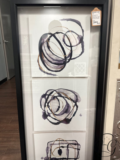 Rect. Purple White Gold 3 Watercolour Swirl Pattern Art Behind Glass/Blk Frame Picture