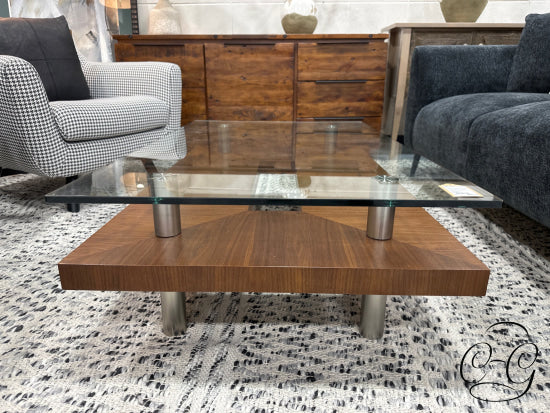 Rectangular Glass Top Coffee Table W/Walnut Finish Base Cut Out Design