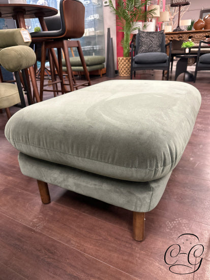 Rectangular Green Velvet Ottoman With Walnut Stained Legs