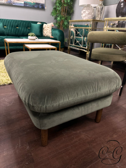 Rectangular Green Velvet Ottoman With Walnut Stained Legs