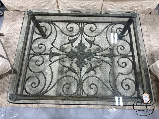 Rectangular Ornate Metal Base Coffee Table With Glass Top