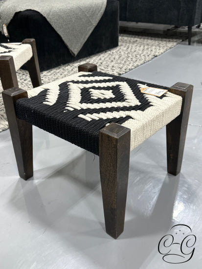 Rectangular Woven Black & White Seat Stool W/Dk Wood Legs Home Decor