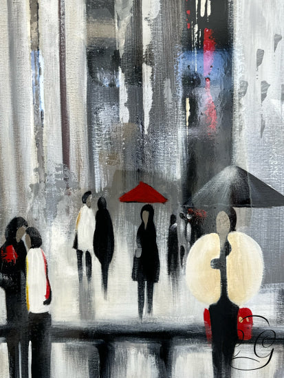 Renwil Black White Red Canvas Artwork ’Bustling City I’ (People NYC Abstract) 24x36’’ Artwork