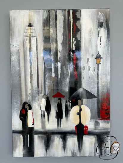 Renwil Black White Red Canvas Artwork ’Bustling City I’ (People NYC Abstract) 24x36’’ Artwork