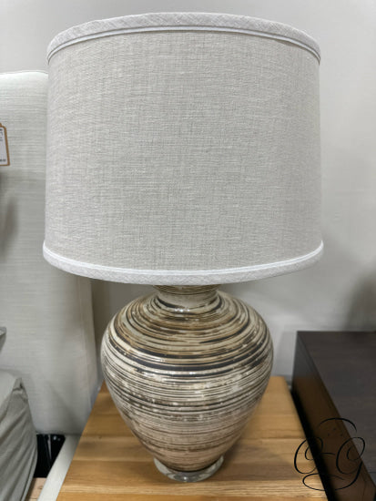 Round Brown & Cream Striped Base Table Lamp W/Acrylic Bottom Linen Look Shade