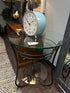 Round Glass Top Accent Table W/Espresso Metal Scrolled Design Base Shelf