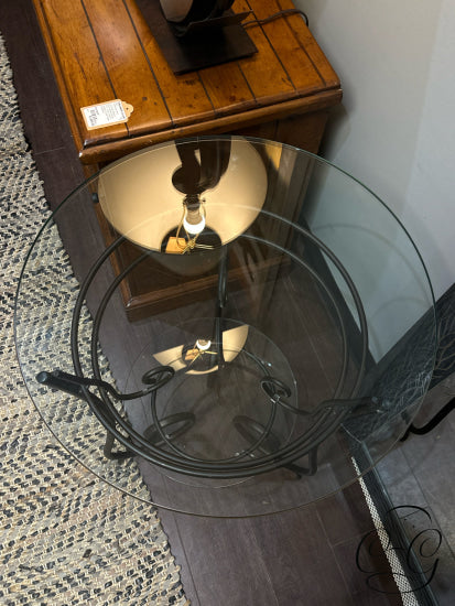 Round Glass Top Accent Table W/Espresso Metal Scrolled Design Base Shelf