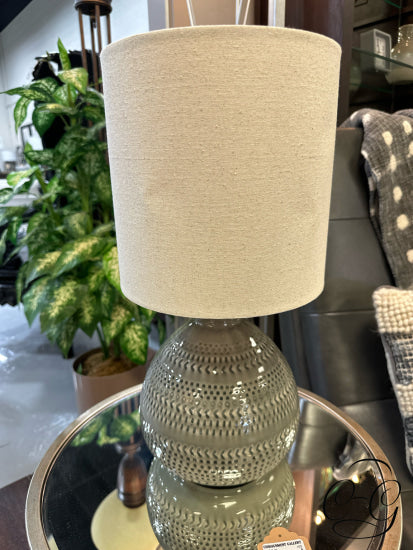 Round Grey Ceramic Base Table Lamp With Pattern Beige Shade