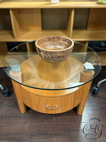 Round Maple Coffee Table With Glass Top Drawer