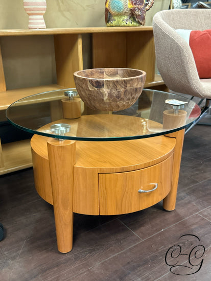 Round Maple Coffee Table With Glass Top Drawer