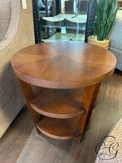 Round Reddish Brown End Table With 2 Open Shelves