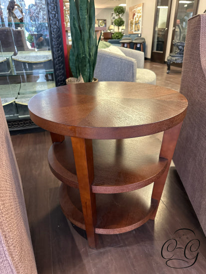 Round Reddish Brown End Table With 2 Open Shelves