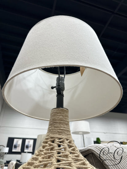 Round Rope Base Table Lamp With Natural Wood Bottom Cream Shade