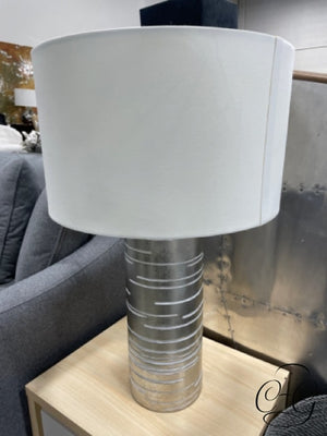 Round Silver Base Table Lamp With White Lines Shade