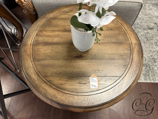 Round Top Dark Walnut Finish Accent Table With Carved Pedestal Base