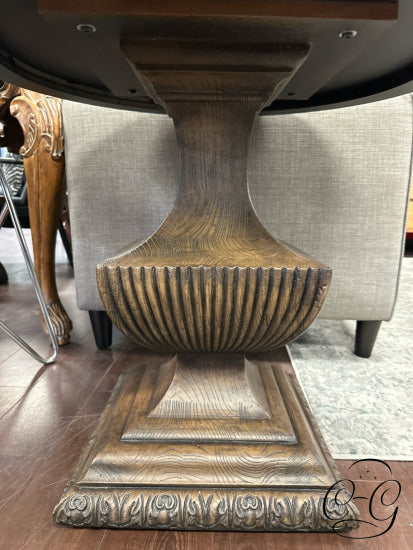 Round Top Dark Walnut Finish Accent Table With Carved Pedestal Base