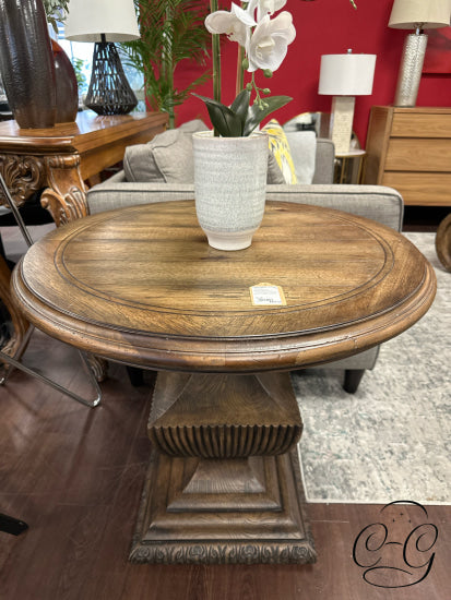 Round Top Dark Walnut Finish Accent Table With Carved Pedestal Base