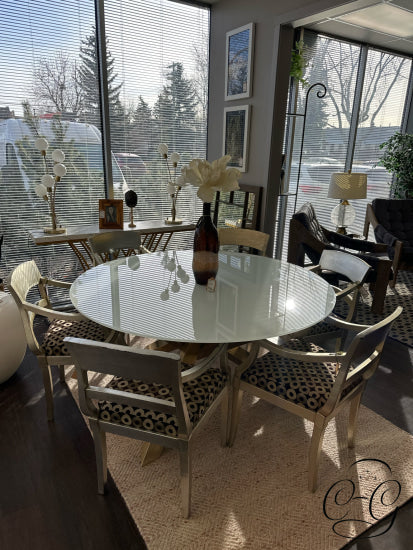 Round White Frosted Glass Dining Table W/Brushed Gold Pedestal Base 60x30’’ Dining Table Only