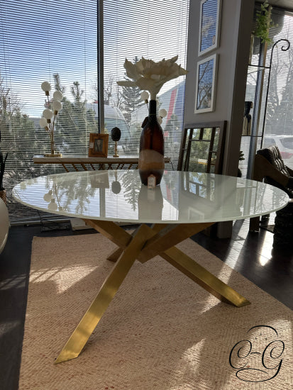 Round White Frosted Glass Dining Table W/Brushed Gold Pedestal Base 60x30’’ Dining Table Only