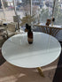 Round White Frosted Glass Dining Table W/Brushed Gold Pedestal Base 60x30’’ Dining Table Only