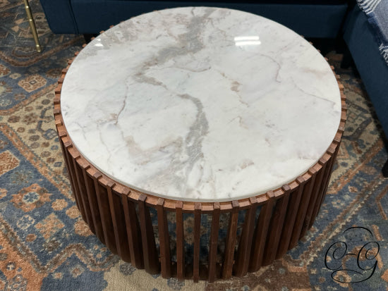 Round White Marble Top Coffee Table With Wood Slat Base