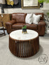 Round White Marble Top Coffee Table With Wood Slat Base