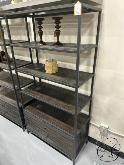 Rustic Dark Wood 4 Shelf Bookcase With Dk Metal Frame 2 Drawers Shelving Unit