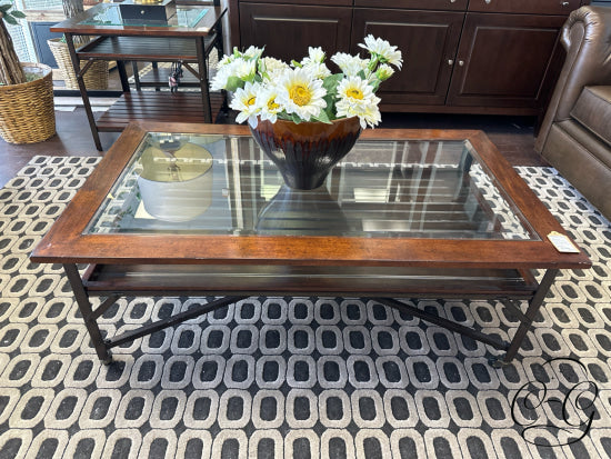 Rustic Finish Coffee Table With Inset Glass Top Plank Style Shelf