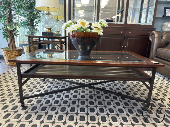 Rustic Finish Coffee Table With Inset Glass Top Plank Style Shelf