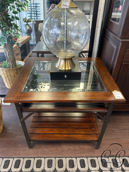 Rustic Finish End Table With Inset Glass Top Metal Legs/Detailing Coffee