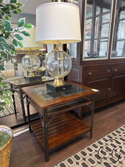 Rustic Finish End Table With Inset Glass Top Metal Legs/Detailing Coffee