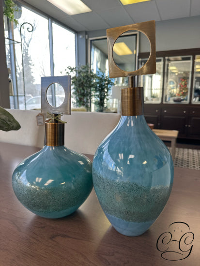 Set Of 2 Blue-Green Embellished Bottles With Brass Finish Square/Circle Details Home Decor