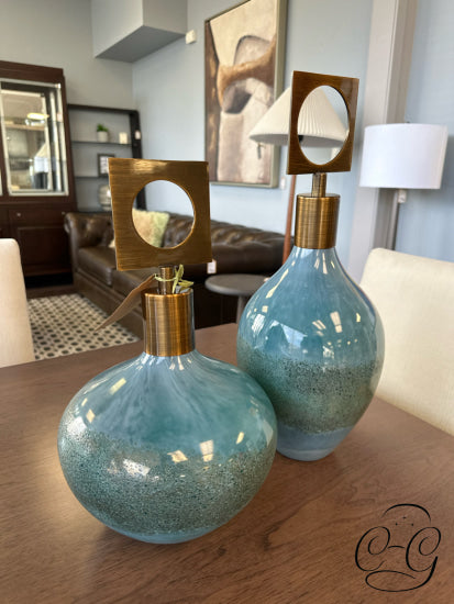 Set Of 2 Blue-Green Embellished Bottles With Brass Finish Square/Circle Details Home Decor