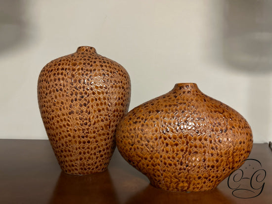 Set Of 2 Brown Pepple Pattern Ceramic Vases Greenery