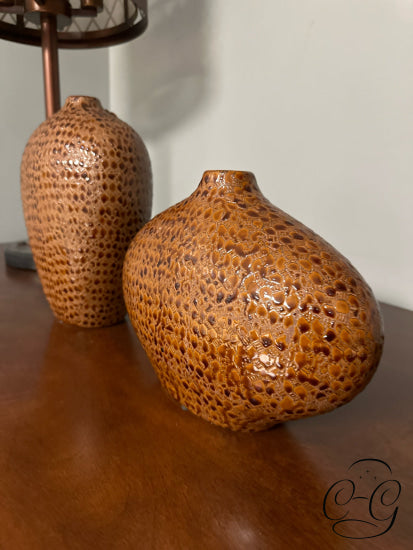 Set Of 2 Brown Pepple Pattern Ceramic Vases Greenery