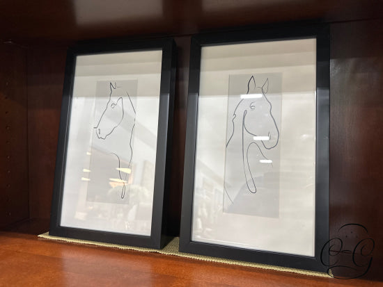 Set Of 2 Horse Etching Black/White In Black Frame White Matting Picture