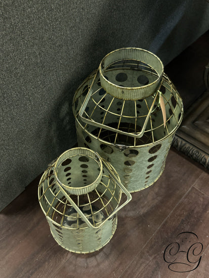 Set Of 2 Rustic Weathered Sage Green Lanterns W/Gold Caging Circle Pattern Home Decor