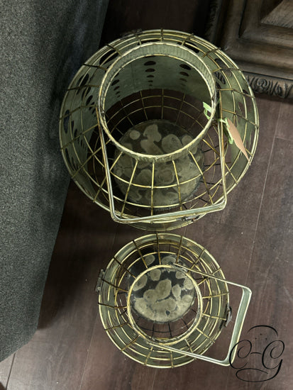 Set Of 2 Rustic Weathered Sage Green Lanterns W/Gold Caging Circle Pattern Home Decor