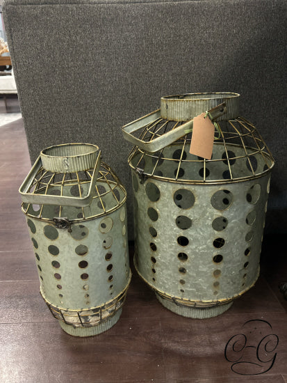 Set Of 2 Rustic Weathered Sage Green Lanterns W/Gold Caging Circle Pattern Home Decor