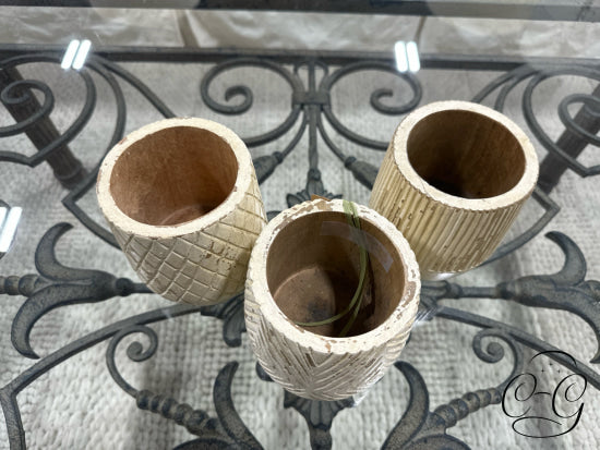 Set Of 3 Cream Mango Wood Planters With Line Design Exterior 4x5’’ Home Decor