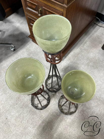 Set Of 3 Rustic Metal Candleholders W/Cream Glass Holders Candleholder(S)